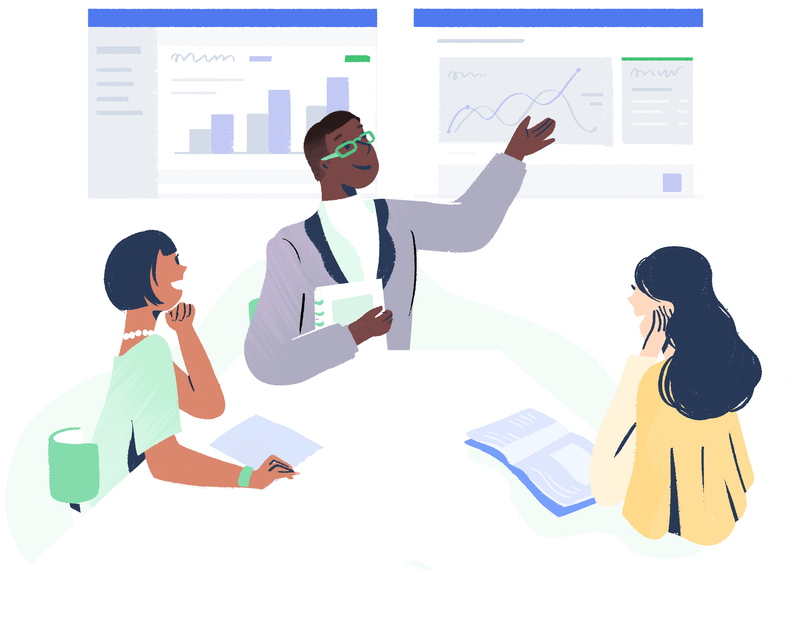 financial services header man presents data to colleagues